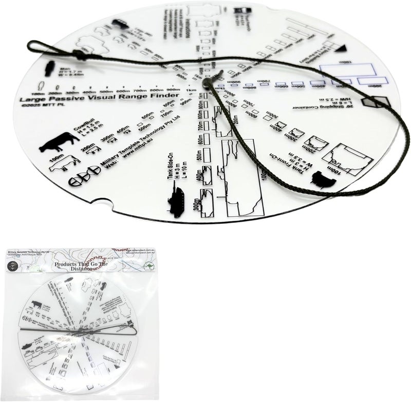 MTT PL Large Passive Visual Range Finder – 7.87" UV-Printed PETG Disk with 20" Cord – Ranges Man, 4WD, Truck, House, Container, Tank (Front/Side), Cow/Bull – No IR or Laser Signature – Stealth Tool - Image 1